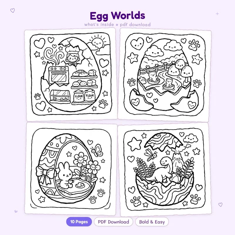 A grid of four detailed Egg Worlds coloring pages featuring cute miniature art in black and white