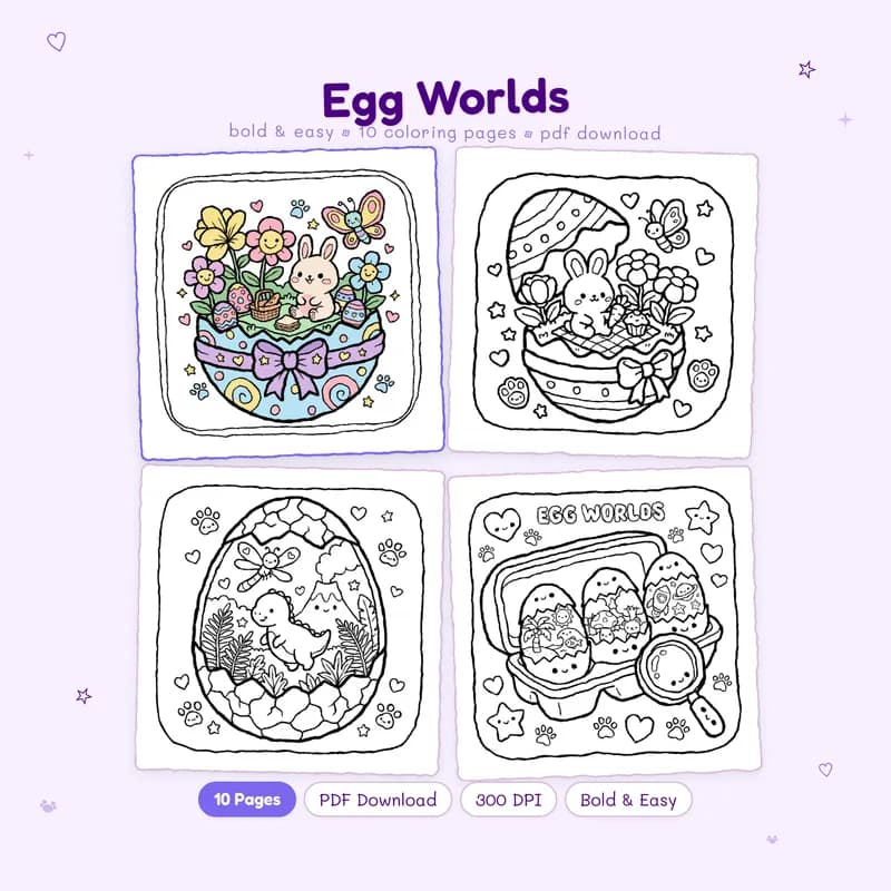 Main cover of Egg Worlds coloring book by MiyoPages with colored and black and white sample pages