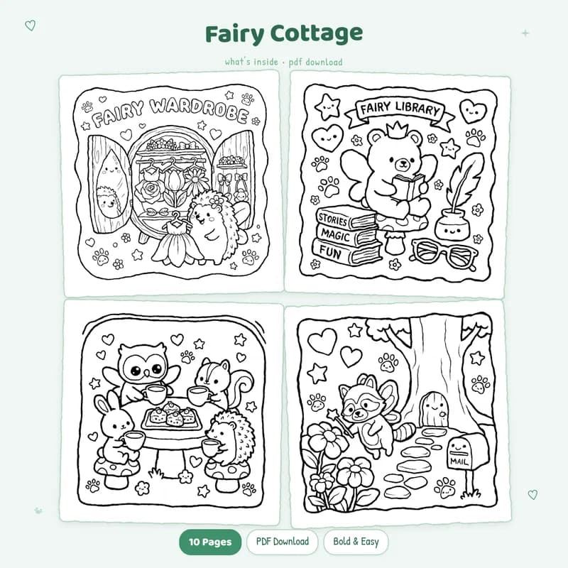 Four black and white Fairy Cottage coloring pages in a grid layout showing various fantasy cottage designs
