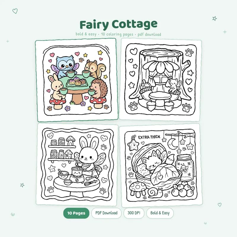 Fairy Cottage coloring book by MiyoPages with cute cover and black and white sample coloring pages