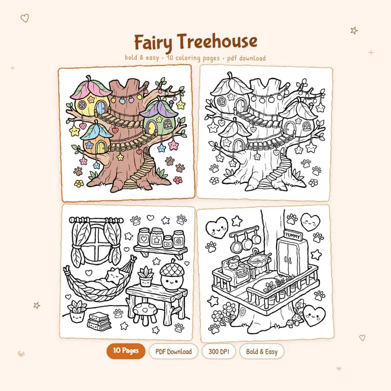Fairy Treehouse coloring book by MiyoPages featuring a cute cover and black and white sample pages.