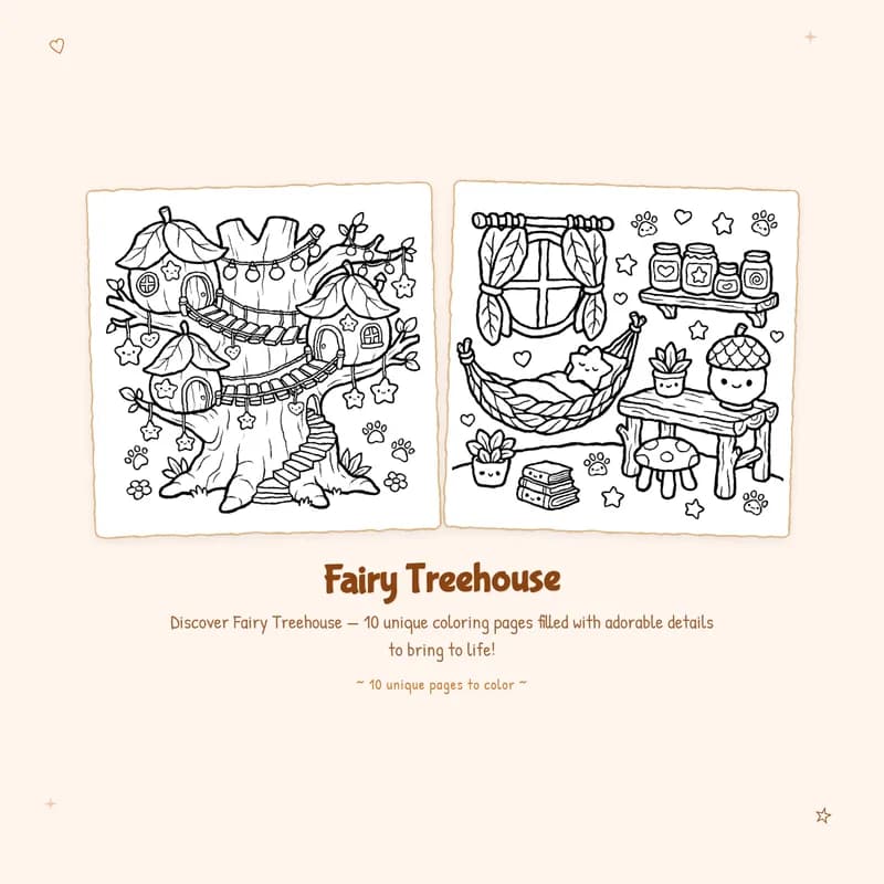 Simple Fairy Treehouse coloring book designs with bold lines and easy patterns for cute fairy coloring fun.