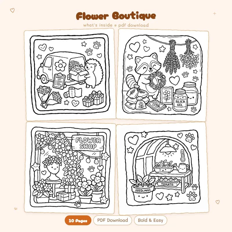 A two by two grid showing four cute black and white Flower Boutique coloring pages with easy floral shop designs