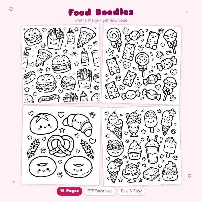 Four cute black and white Food Doodles coloring pages featuring various kawaii snacks in a grid pattern layout