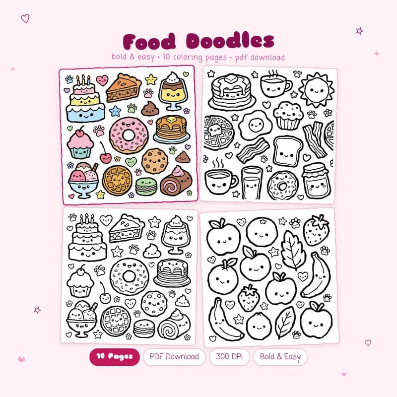 Food Doodles coloring book cover by MiyoPages with cute food patterns and black and white sample coloring pages