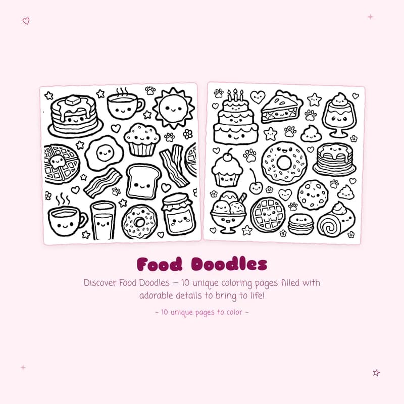 Easy Food Doodles coloring book pages showing bold outlines and simple designs for relaxing and creative coloring