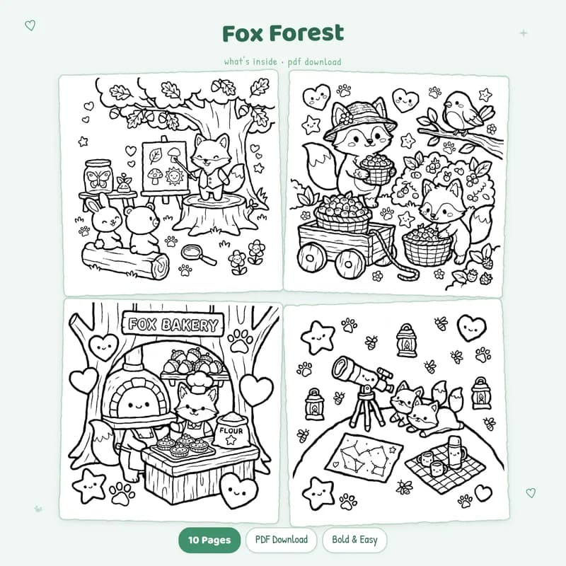 Four black and white Fox Forest coloring pages in a grid layout featuring cute kawaii animal designs