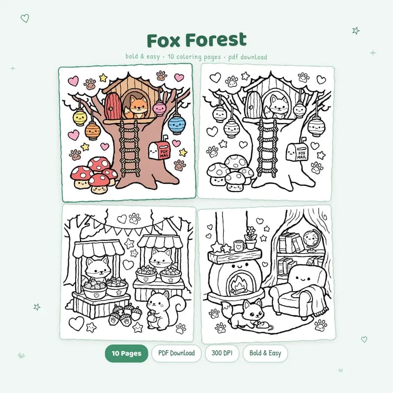 Cute Fox Forest coloring book cover by MiyoPages with colored and black and white sample pages for kids