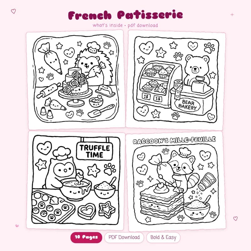 Four black and white French Patisserie coloring pages in a grid showing cute food designs