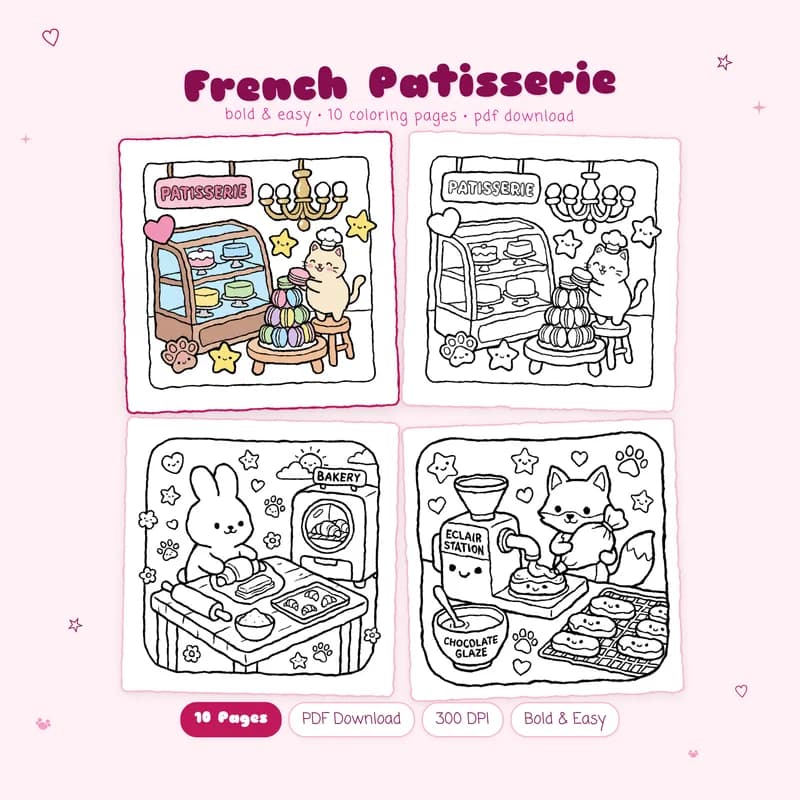 MiyoPages French Patisserie coloring book cover with one colored and three black and white pages