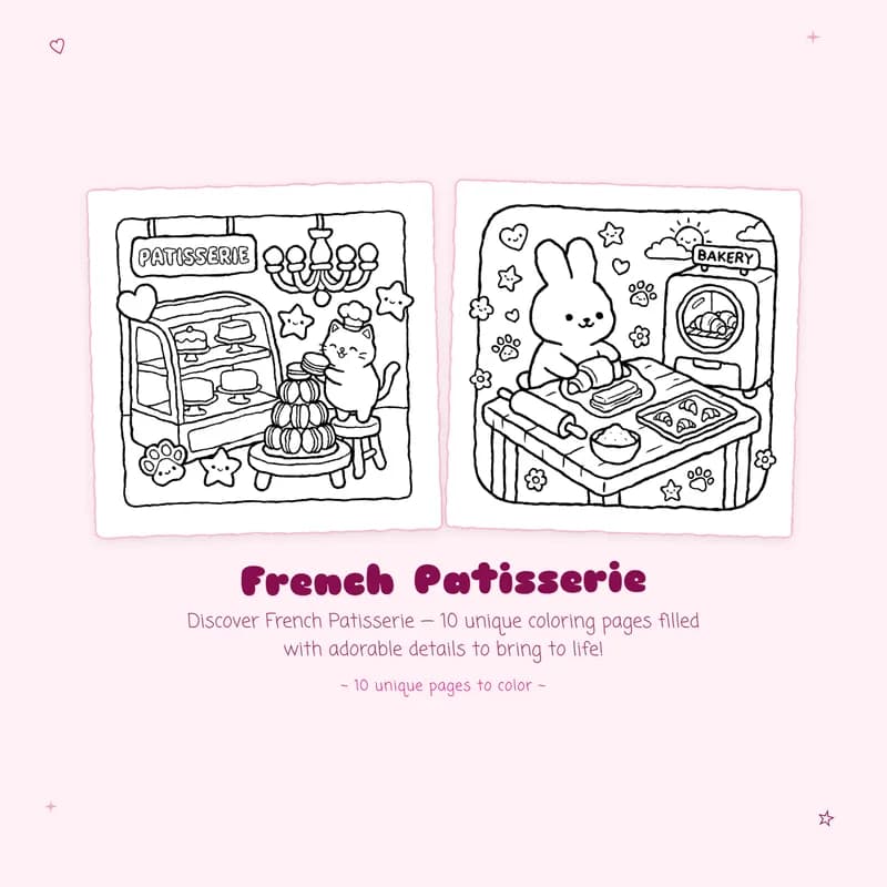 French Patisserie coloring book preview highlighting easy designs and bold black outlines
