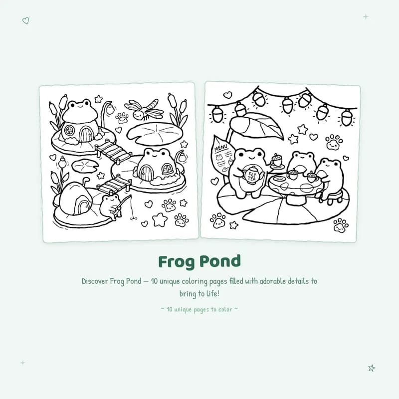 Bold outlines on Frog Pond coloring book pages showing easy designs for stress free coloring