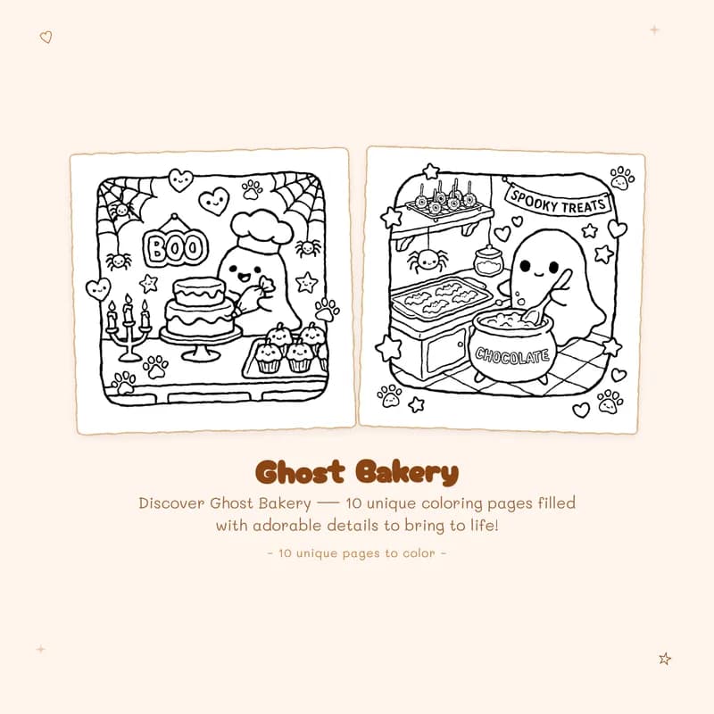Easy Ghost Bakery coloring pages with bold lines and simple designs perfect for a spooky cute coloring book