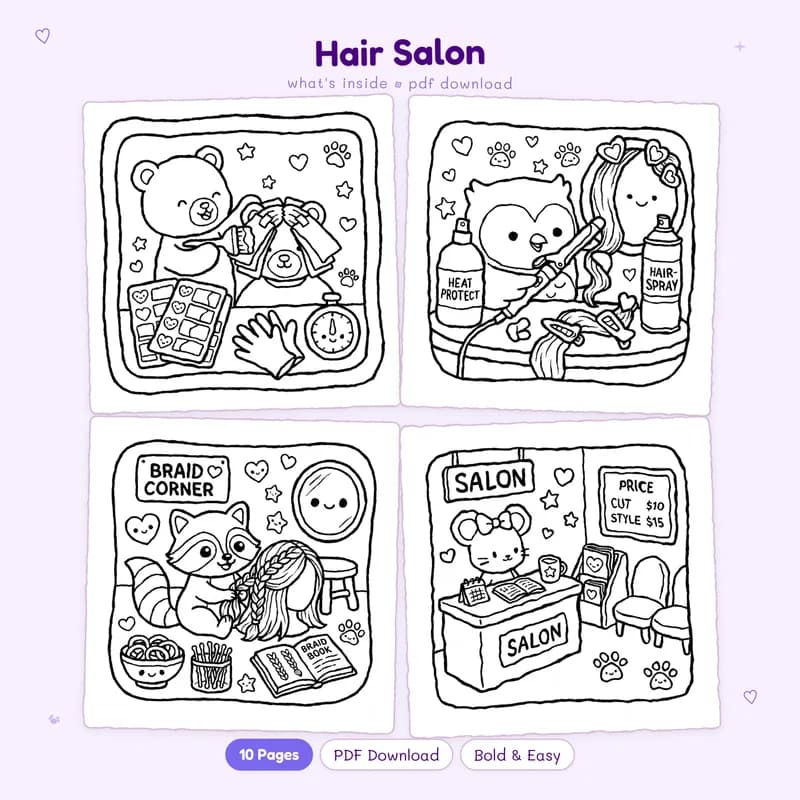 Four black and white hair salon coloring pages featuring cute characters and beauty salon tools in a grid layout