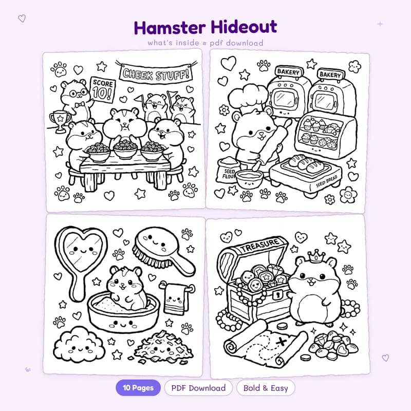 Four black and white Hamster Hideout coloring pages in a grid for animal lovers to print as a digital download