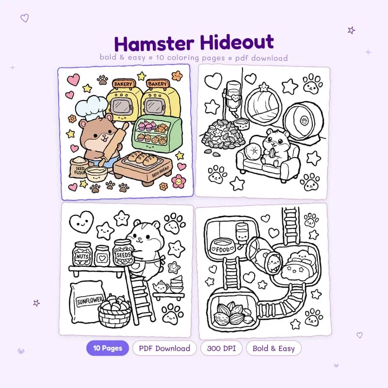 MiyoPages Hamster Hideout coloring book cover with a colored sample and three black and white preview pages