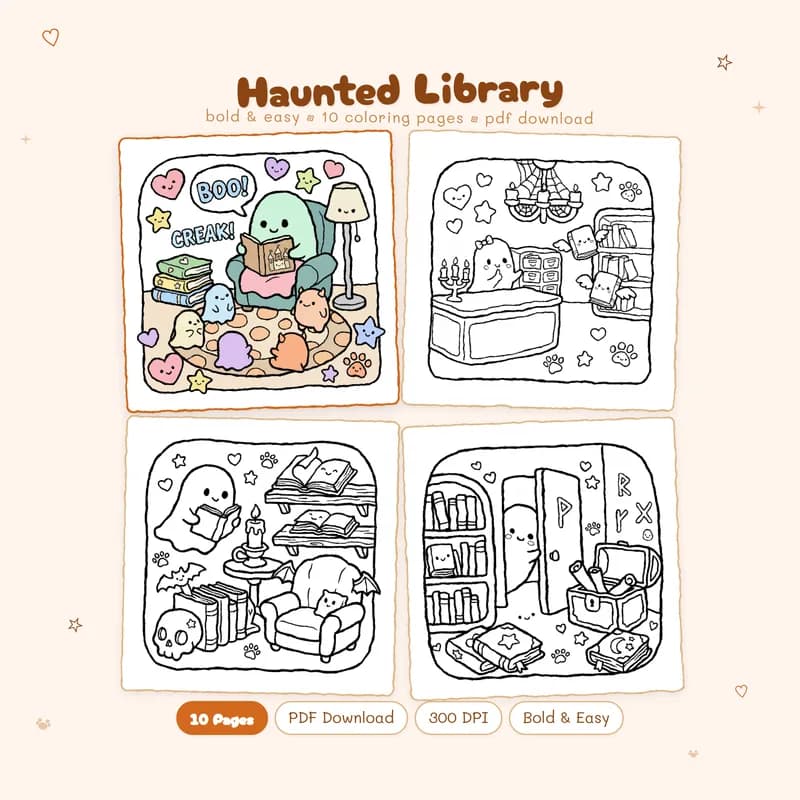 Haunted Library coloring book cover by MiyoPages with a colored sample and three black and white preview pages