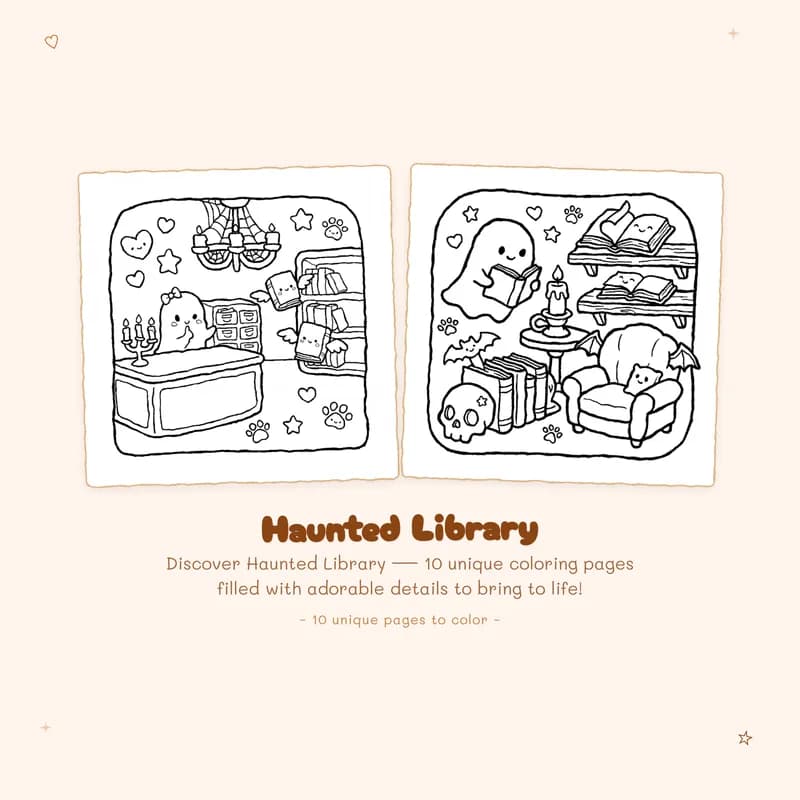 Bold outlines and easy designs featured in this Haunted Library coloring book for relaxing and fun coloring