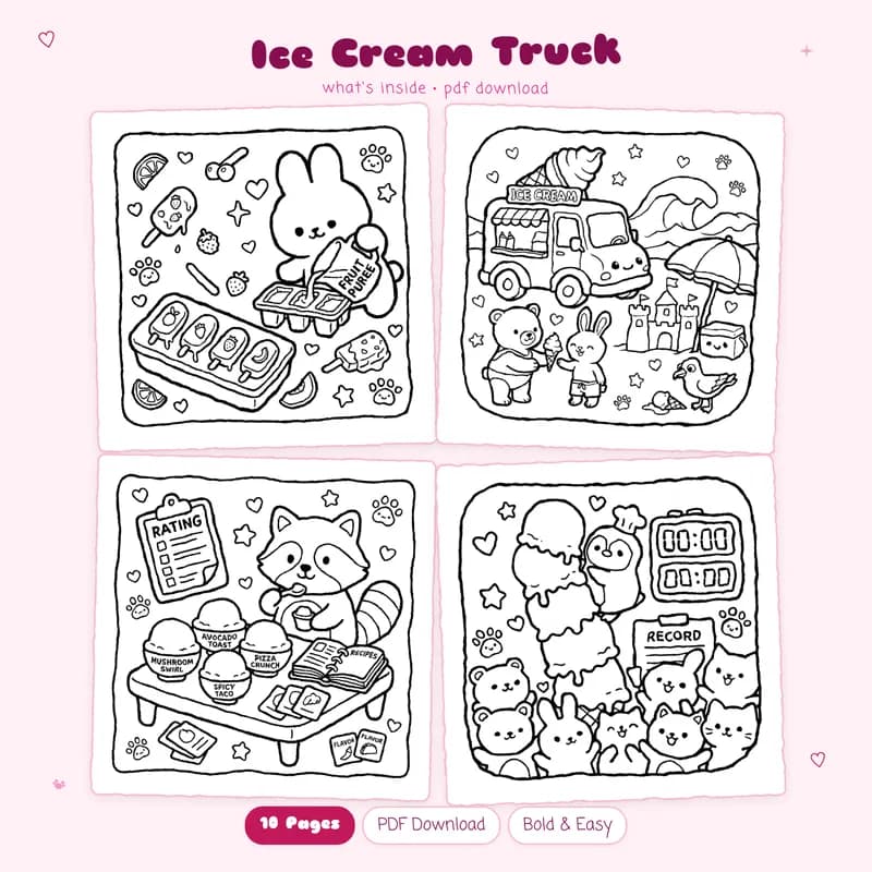 A two by two grid showing four cute Ice Cream Truck coloring pages with simple kawaii dessert shop designs