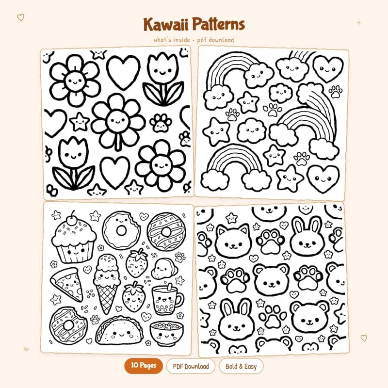 Four black and white Kawaii Patterns coloring pages for kawaii coloring hobby enthusiasts