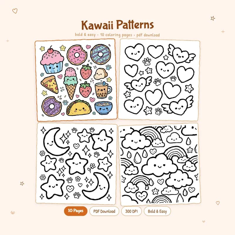 MiyoPages Kawaii Patterns coloring book cover with one colored sample and three preview pages