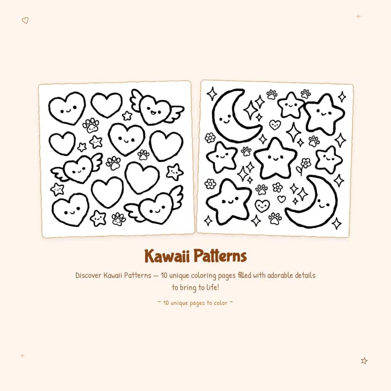 Easy Kawaii Patterns coloring pages featuring bold outlines and simple shapes for a relaxing hobby