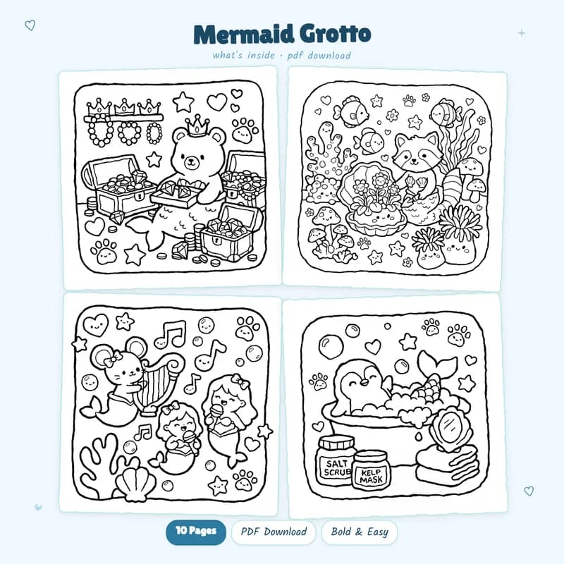 Four preview scenes from the Mermaid Grotto coloring pages showing cute underwater fantasy illustrations for kids