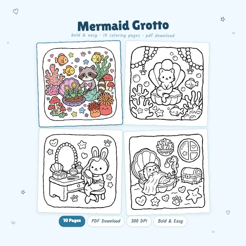 Mermaid Grotto coloring book by MiyoPages featuring a colorful cover and black and white interior preview pages