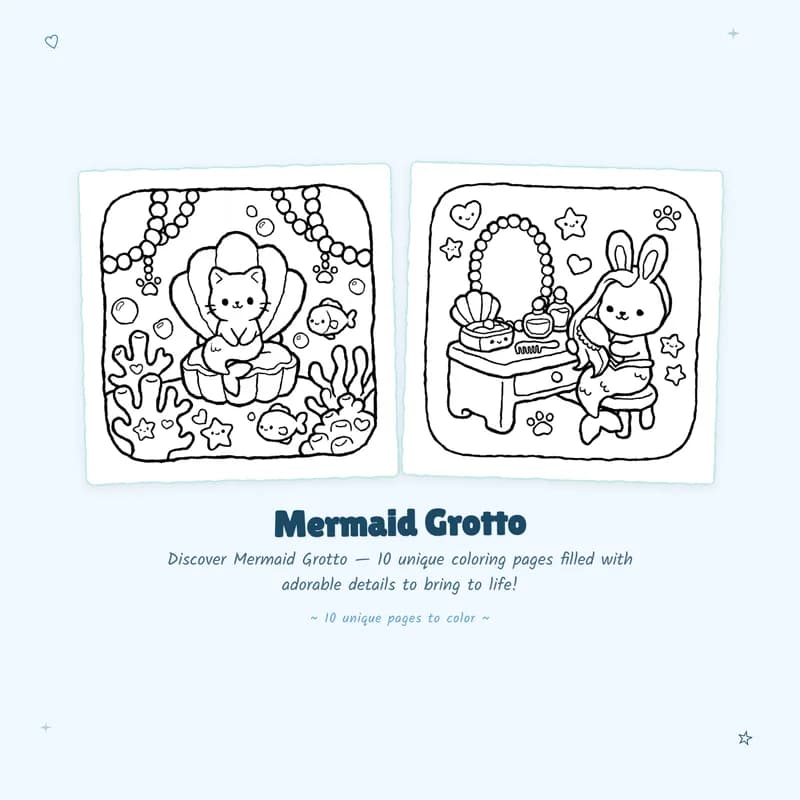 Mermaid Grotto coloring book sample pages highlighting bold outlines and easy designs perfect for all skill levels
