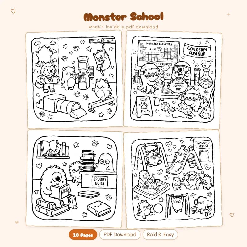 A four page preview grid of spooky cute Monster School coloring pages featuring adorable student monsters