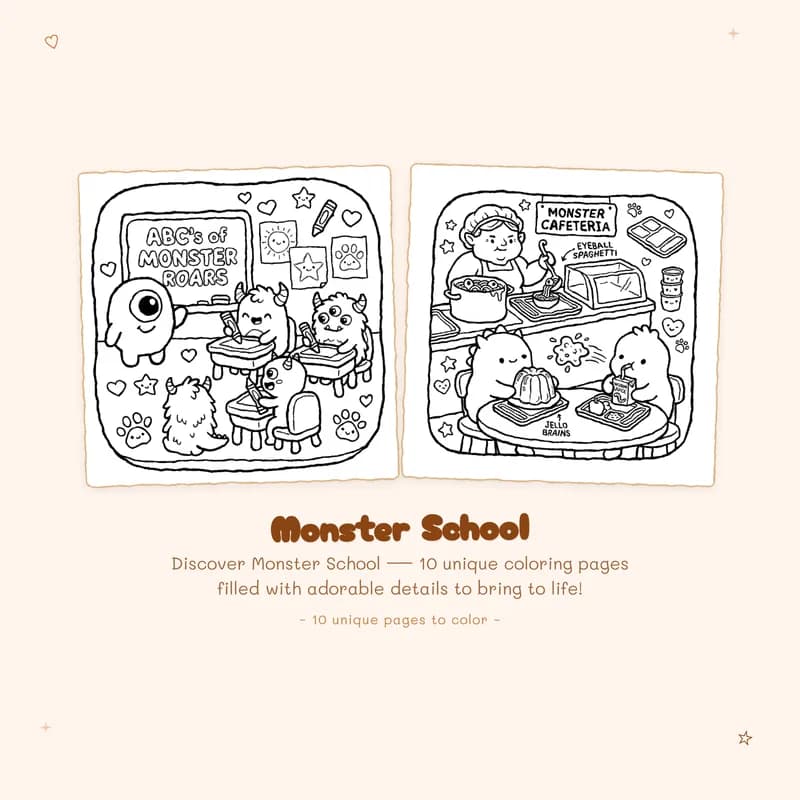Easy Monster School coloring book designs with bold outlines perfect for a fun and spooky cute halloween gift