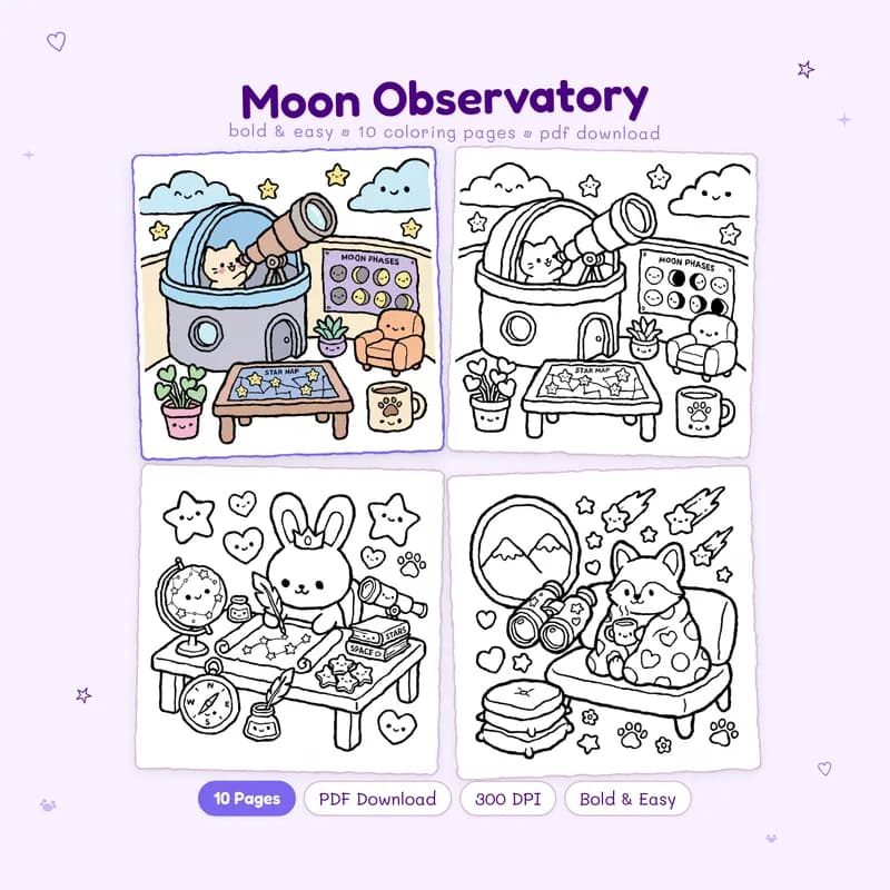 Moon Observatory coloring book by MiyoPages with cover art a colored sample and three black and white line art previews