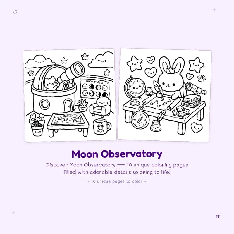 Bold outlines and easy designs on sample Moon Observatory coloring pages from this celestial themed digital download