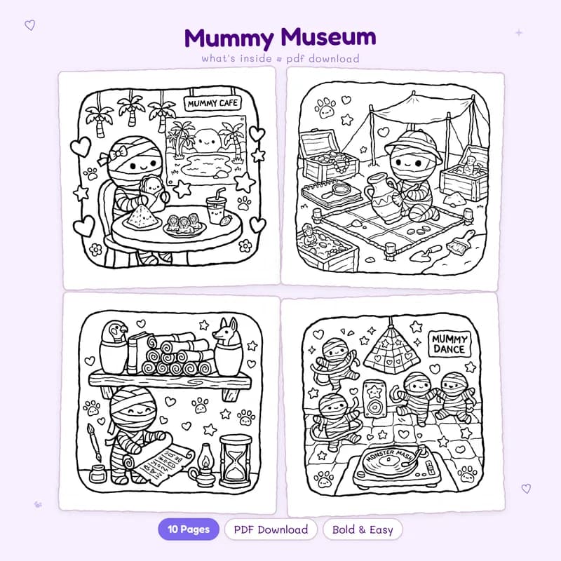 Four sample coloring pages from the Mummy Museum coloring book showing spooky cute mummies and museum artifacts
