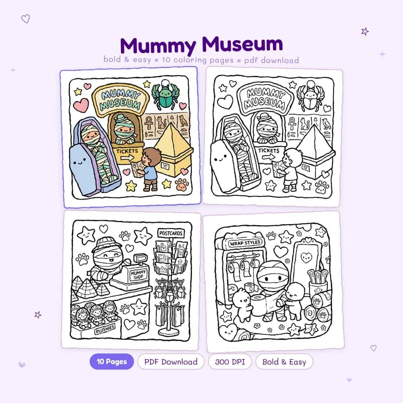 Mummy Museum coloring book by MiyoPages featuring a cute mummy cover with black and white preview pages