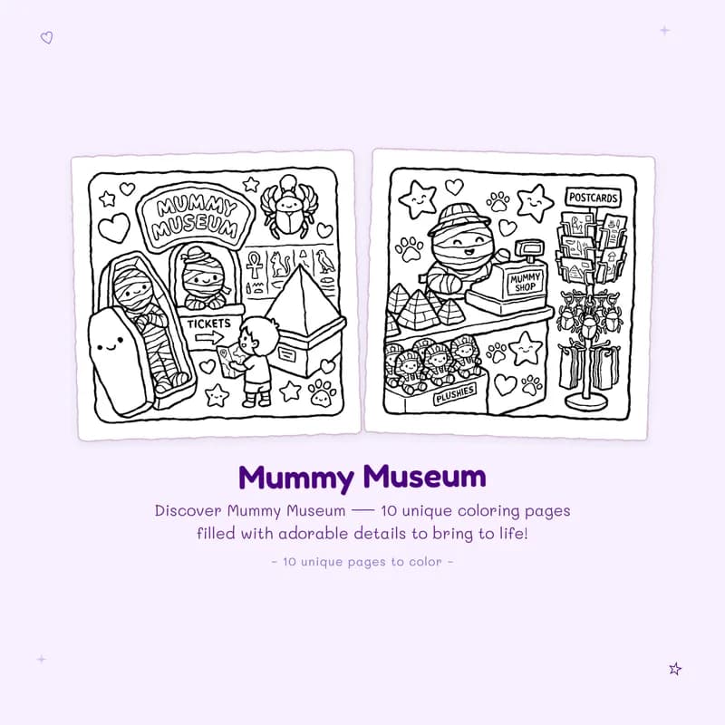 Mummy Museum coloring pages with bold outlines and easy designs for a fun spooky cute coloring book experience