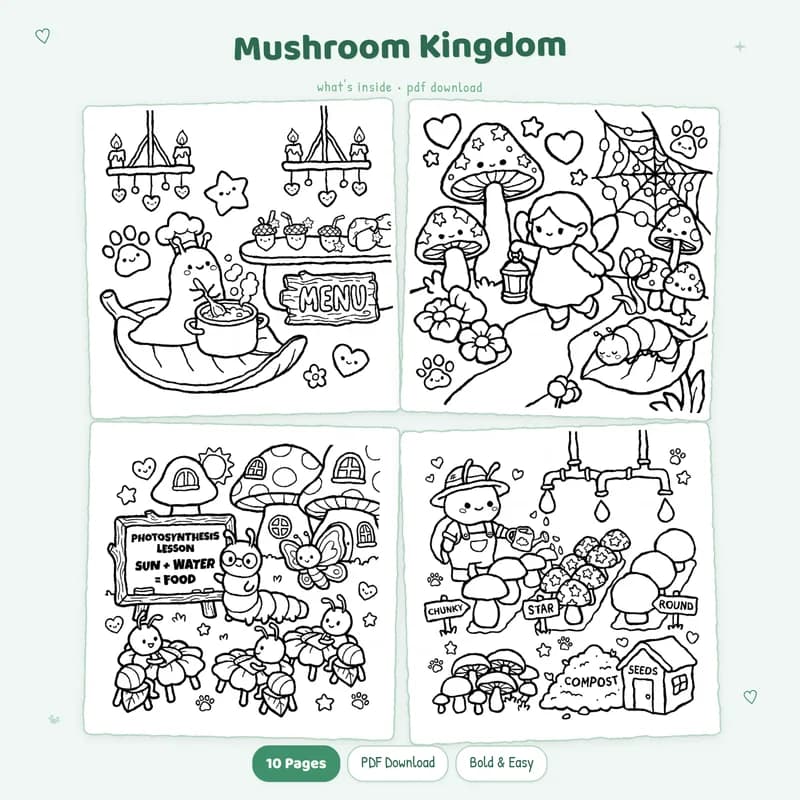 Four cute Mushroom Kingdom coloring pages shown in a grid with detailed botanical and fungi illustrations