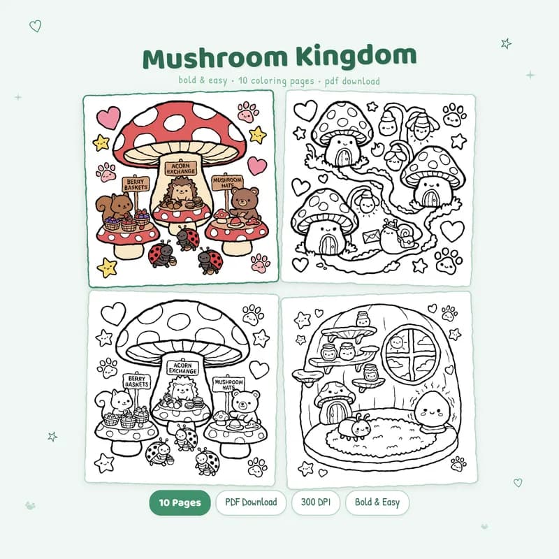 Mushroom Kingdom coloring book by MiyoPages with cover art and four sample mushroom coloring pages