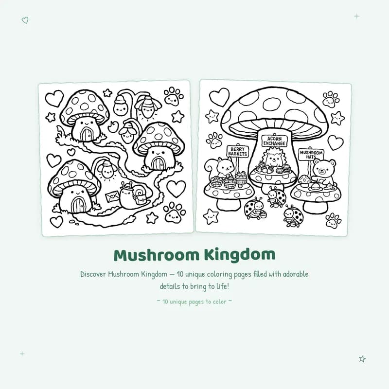 Easy Mushroom Kingdom coloring book pages with bold outlines for kids or adults to enjoy simple garden art