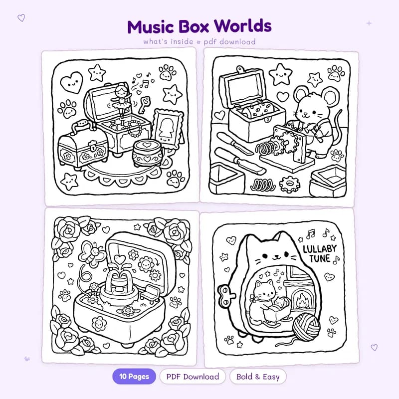 A grid of four black and white Music Box Worlds coloring pages featuring cute miniature dioramas