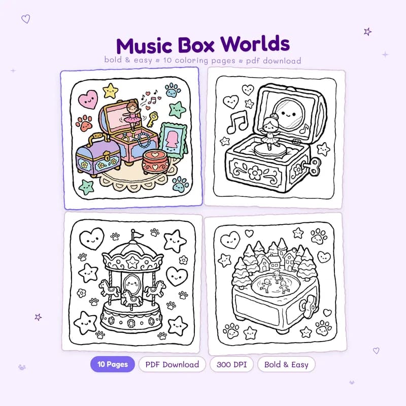 Music Box Worlds coloring book by MiyoPages cover with sample colored and black and white line art pages