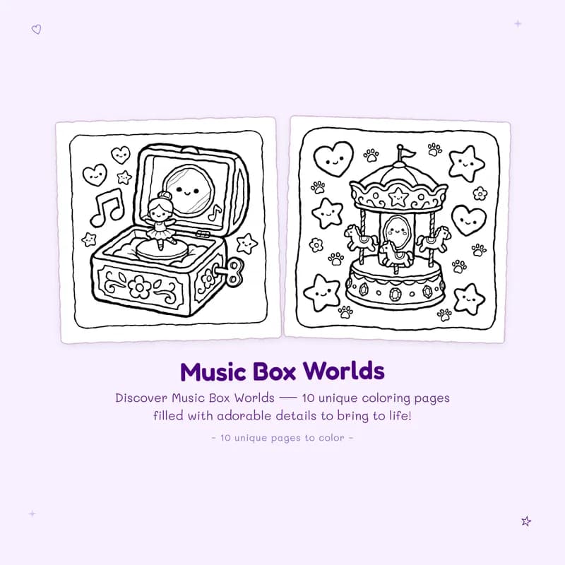 Easy Music Box Worlds coloring book designs with bold outlines for simple and relaxing creative fun