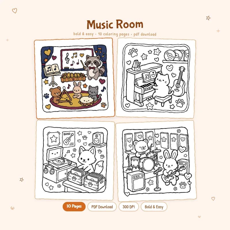 Music Room coloring book by MiyoPages featuring a colored cover and black and white cute preview pages for cozy fun