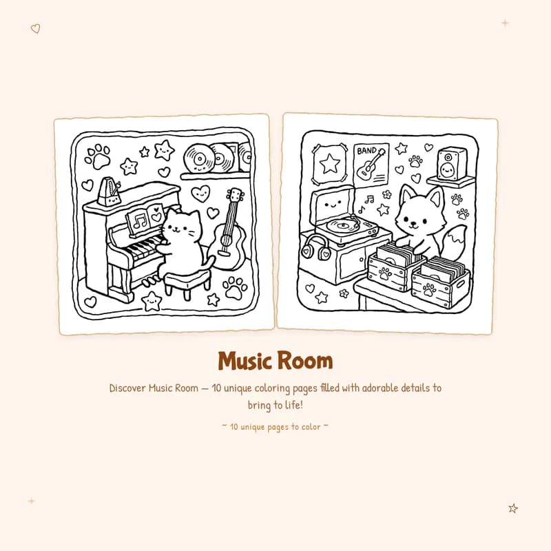 Music Room coloring book details showing bold outlines and easy designs on several sample pages for relaxing coloring