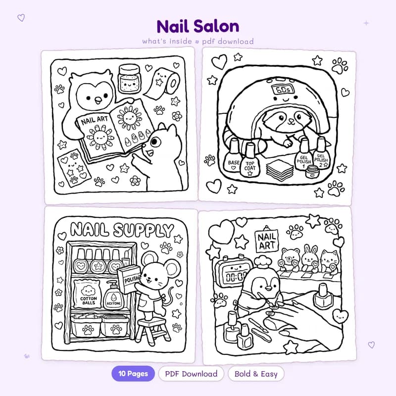 A four page preview grid of black and white Nail Salon coloring pages featuring cute hands and polish bottles