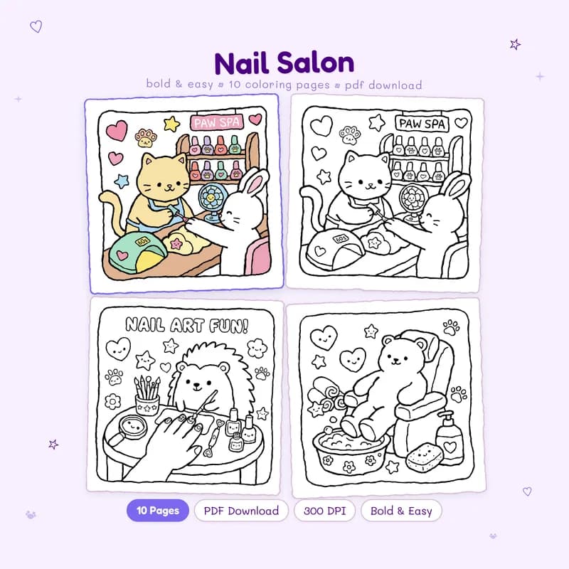 MiyoPages Nail Salon coloring book cover with one colored page and black and white preview pages for kids and adults