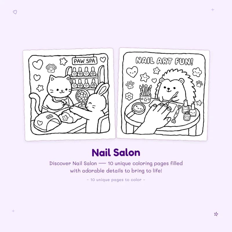 Sample Nail Salon coloring book pages showing easy designs and bold outlines perfect for simple creative fun
