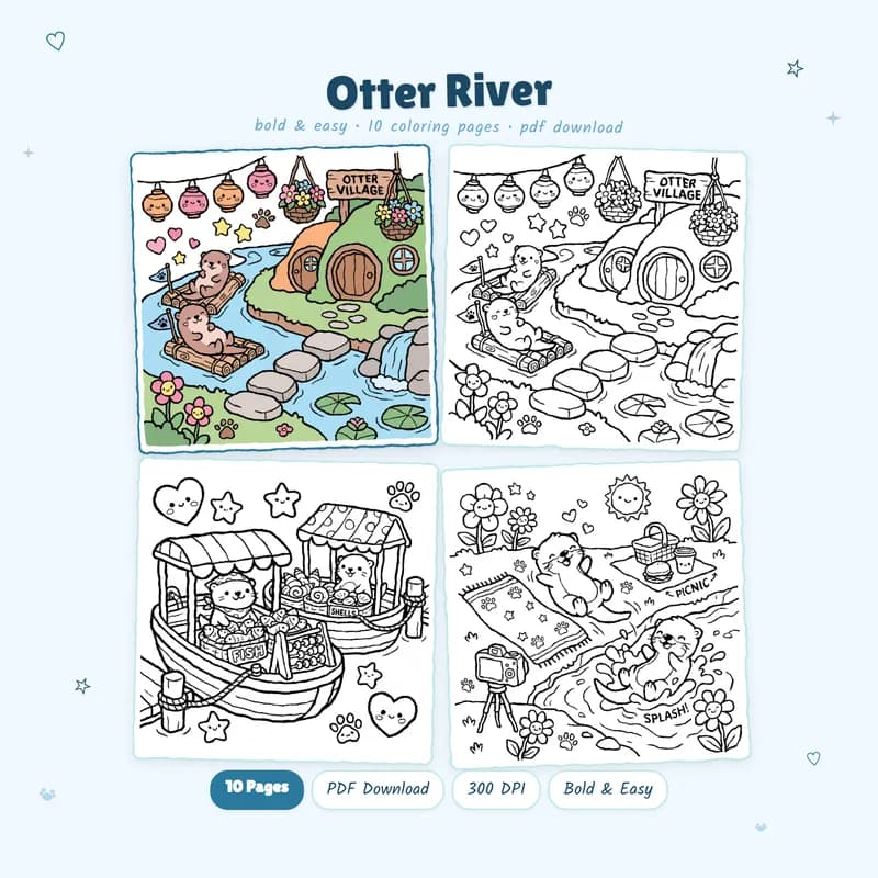 Otter River coloring book by MiyoPages featuring a cute cover and black and white sample pages for animal lovers