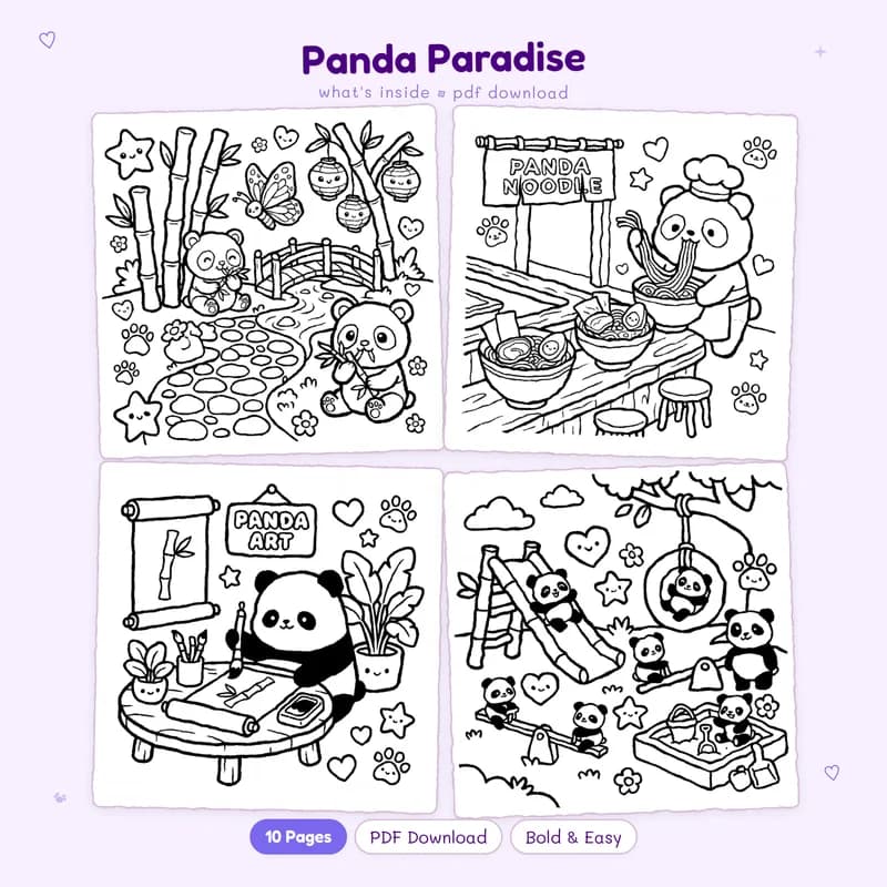 A grid of four Panda Paradise coloring pages with black and white illustrations of cute pandas in nature scenes