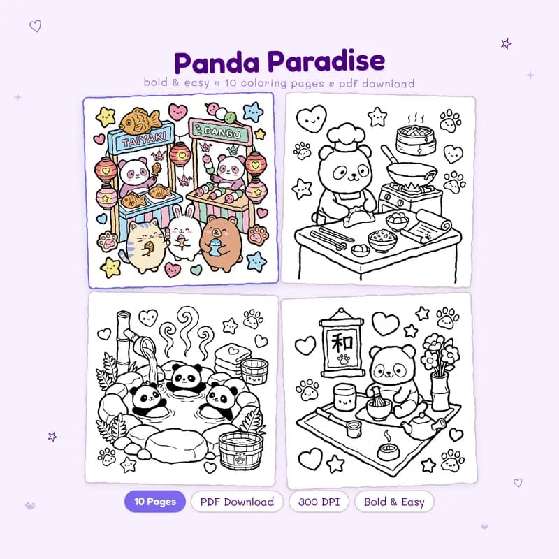Panda Paradise coloring book by MiyoPages showing a cute cover with colored and black and white sample pages